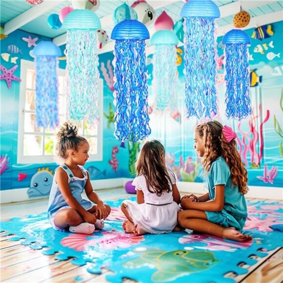 Blue Jellyfish Paper Lanterns Under The Sea Mermaid Baby Shower Party Decor - Picture 6 of 7